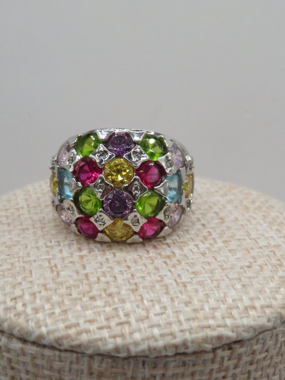 Multi Color Rhinestone Silver Tone Dome Cocktail Ring Sz 10 - Picture 1 of 12